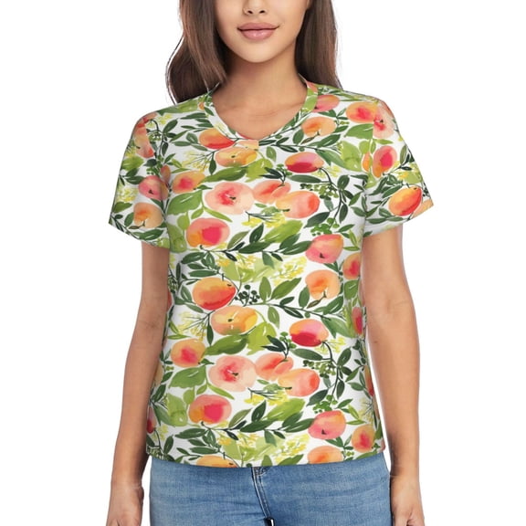 Vsdgher Fruits Peach1 Women Shirts V Neck Short Sleeve Tops T-Shirt Basic Tees, S to 3XLLarge