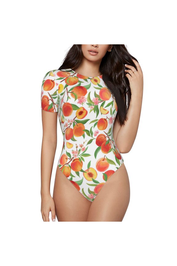 Fruits Peach2 Prinr Short Sleeve Body suit for Womens, Sexy Onesie One Piece Round Neck Bodysuit Shapewear Tummy Control-XX-Large