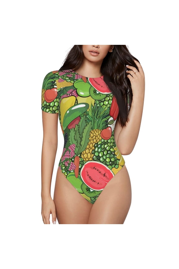 Fruits Vegetables And Berries Prinr Short Sleeve Body suit for Womens, Sexy Onesie One Piece Round Neck Bodysuit Shapewear Tummy Control-Medium
