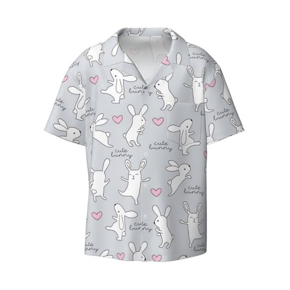 Vsdgher Fun Rabbit Print Men's Wrinkle Free Untucked Cuban Shirt Business Casual Button Down Shirts Short Sleeve Shirt