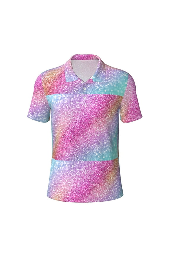 Fun Rainbow Print Men's Short Sleeve Stretch Polo Shirt, Moisture-Wicking Performance Polo Shirt