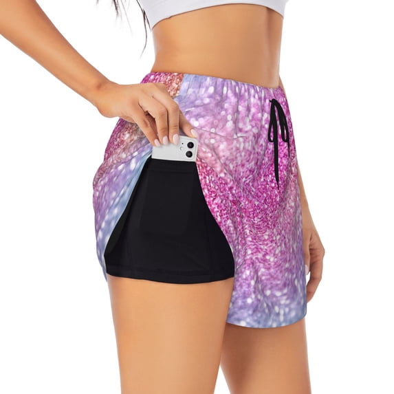 Vsdgher Fun Rainbow Print Women's Running Double Layer Shorts High Waisted with Pockets Elastic Yoga Workout Athletic Gym Sports