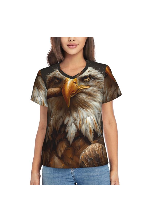 Funny Bald Eagle Women Shirts V Neck Short Sleeve Tops T-Shirt Basic Tees, S to 3XLSmall