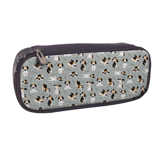 Vsdgher Funny Beagle Active Dog Print Pen Case Leather Pencil Pouch Markers Holder Big Capacity Bag with Zippered Pocket for Stationery Tool