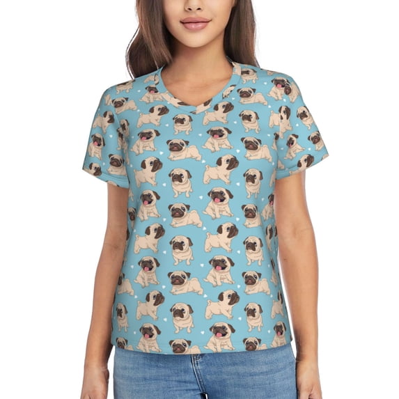 Vsdgher Funny Cartoon Pugs Women Shirts V Neck Short Sleeve Tops T-Shirt Basic Tees, S to 3XLSmall