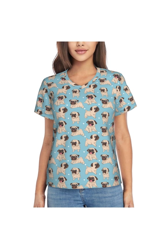 Funny Cartoon Pugs Women Shirts V Neck Short Sleeve Tops T-Shirt Basic Tees, S to 3XLSmall