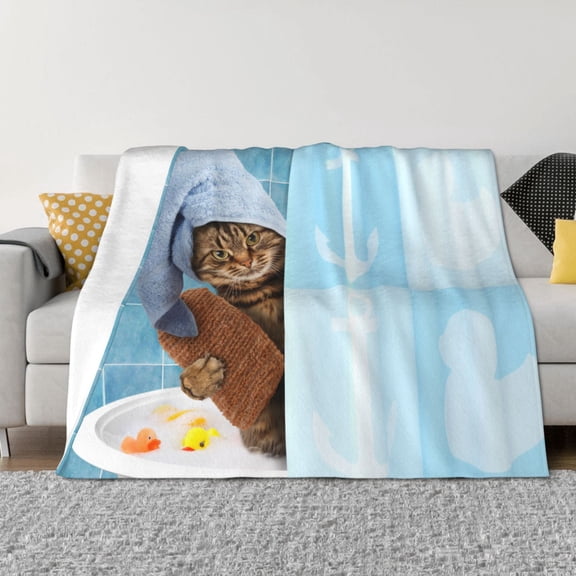 Vsdgher Funny Cat Taking a Bath Pattern Fleece Throw Blanket, Horizontal Fleece Bedding Home Decor for Couch & Bed All Season Use -60"x50"