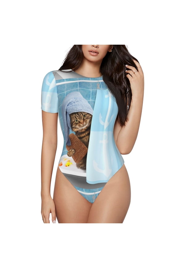 Funny Cat Taking a Bath Prinr Short Sleeve Body suit for Womens, Sexy Onesie One Piece Round Neck Bodysuit Shapewear Tummy Control-Medium