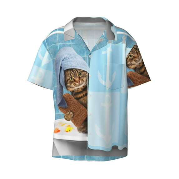 Vsdgher Funny Cat Taking a Bath Print Men's Wrinkle Free Untucked Cuban Shirt Business Casual Button Down Shirts Short Sleeve Shirt
