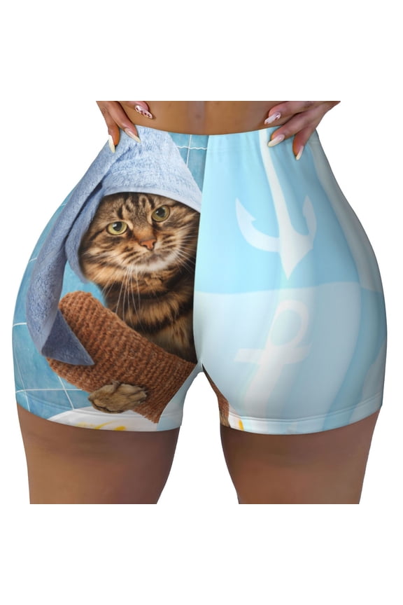 Funny Cat Taking a Bath print Workout Shorts for Women Seamless Soft Smooth Gym Yoga Scrunch Active Exercise Fitness Shorts