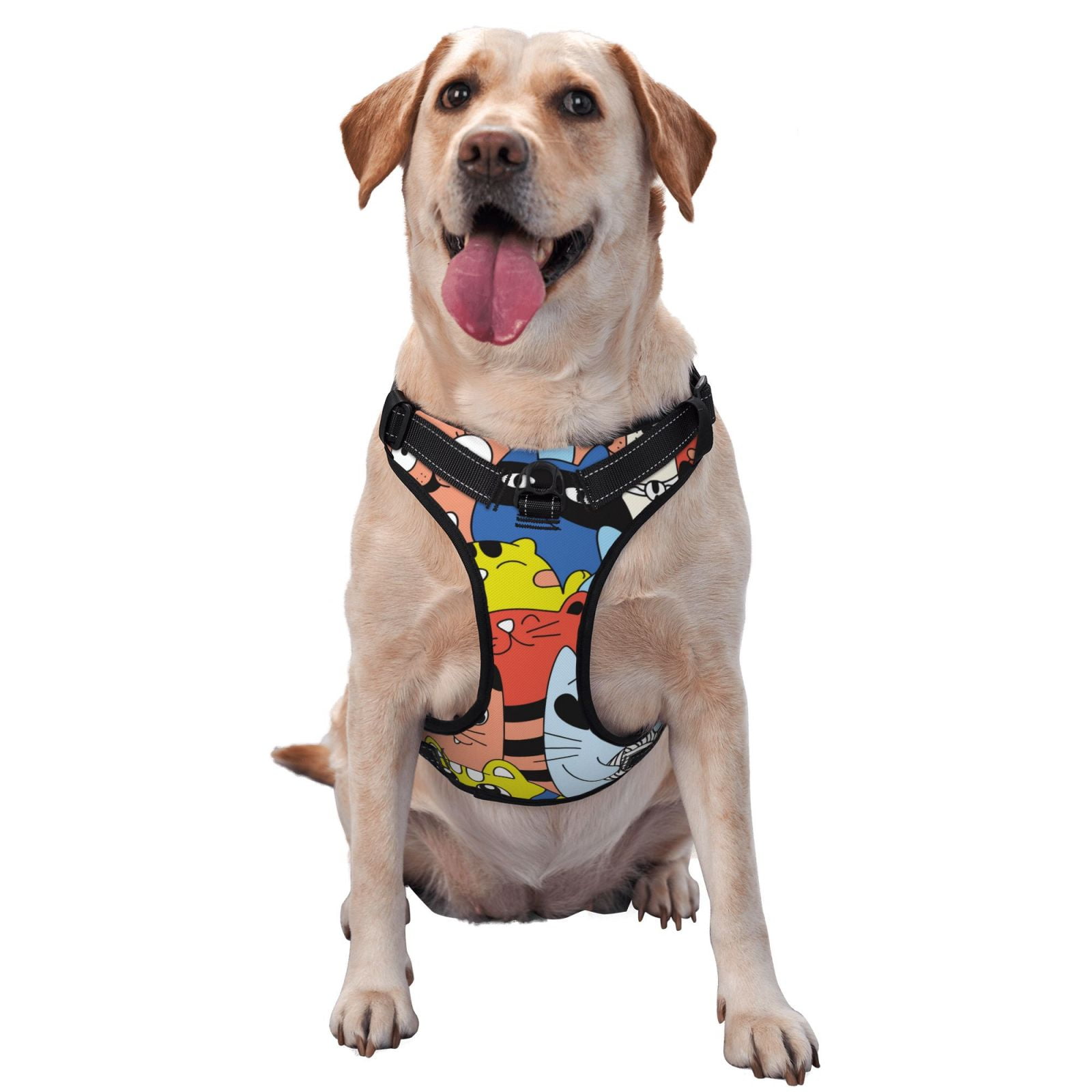 Vsdgher Funny Cats Pattern Dog Harness,No Pull Pet Harness with Soft Padded Handle,Adjustable Reflective Vest with 2 Buckles,4 Slide Buckles,S-XL
