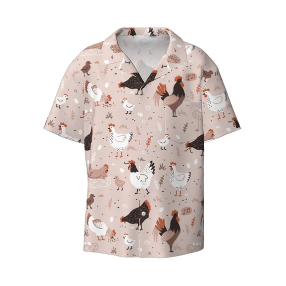 Vsdgher Funny Chicken Print Men's Wrinkle Free Untucked Cuban Shirt Business Casual Button Down Shirts Short Sleeve Shirt