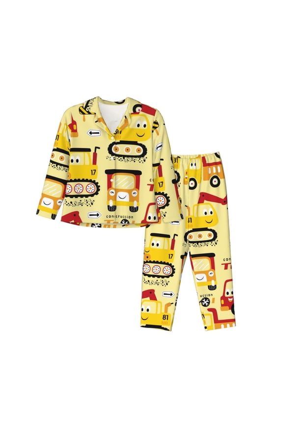Funny Construction Vehicles Pajamas Set Long Sleeve Sleepwear Womens Button Down Nightwear Pj Sets-Medium