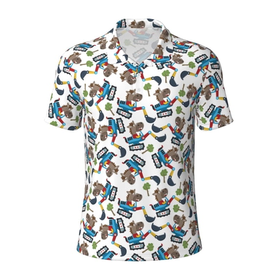 Vsdgher Funny Excavator Print Men's Short Sleeve Stretch Polo Shirt, Moisture-Wicking Performance Polo Shirt