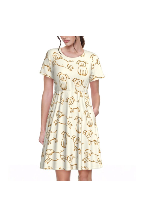 Funny Pigs for Womens Summer 2025 Casual Midi Maxi Dresses Lightweight Short Sleeve Round Neck Beach Dress -X-Large