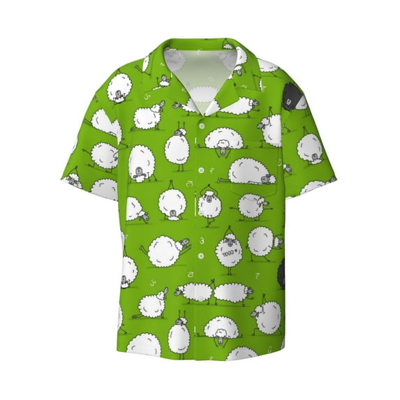 Vsdgher Funny Sheep Doing Yoga Print Men's Wrinkle Free Untucked Cuban Shirt Business Casual Button Down Shirts Short Sleeve Shirt
