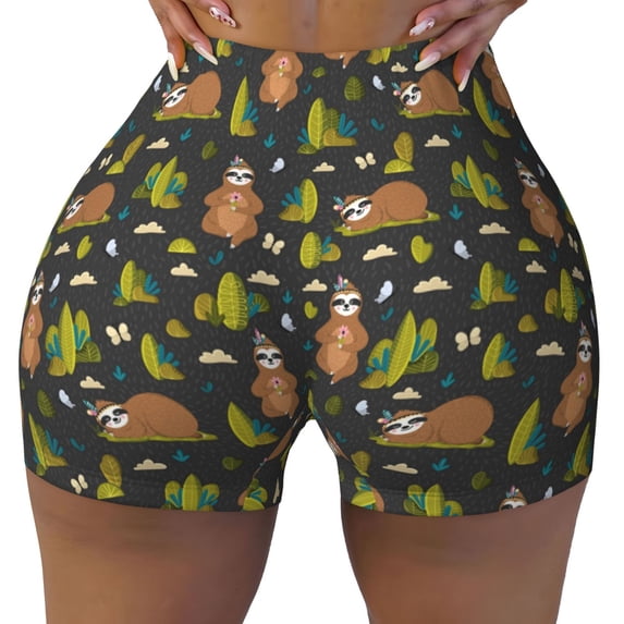 Vsdgher Funny Sloths In The Forest print Workout Shorts for Women Seamless Soft Smooth Gym Yoga Scrunch Active Exercise Fitness Shorts