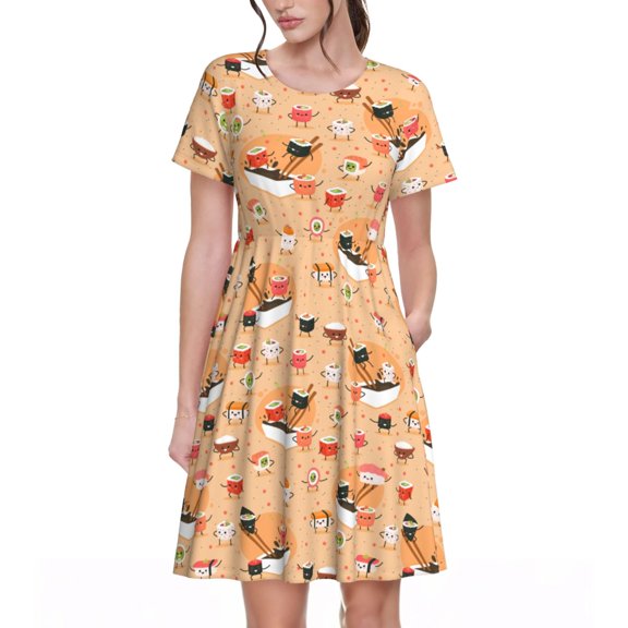 Vsdgher Funny Sushi for Womens Summer 2025 Casual Midi Maxi Dresses Lightweight Short Sleeve Round Neck Beach Dress -3X-Large