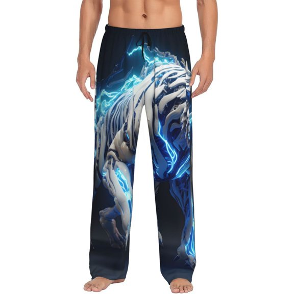 Vsdgher Futuristic Blue Light White Tiger Print Mens Pajama Pants Sleep & Lounge Pants, PJ Bottoms With elastic waistb and Pockets