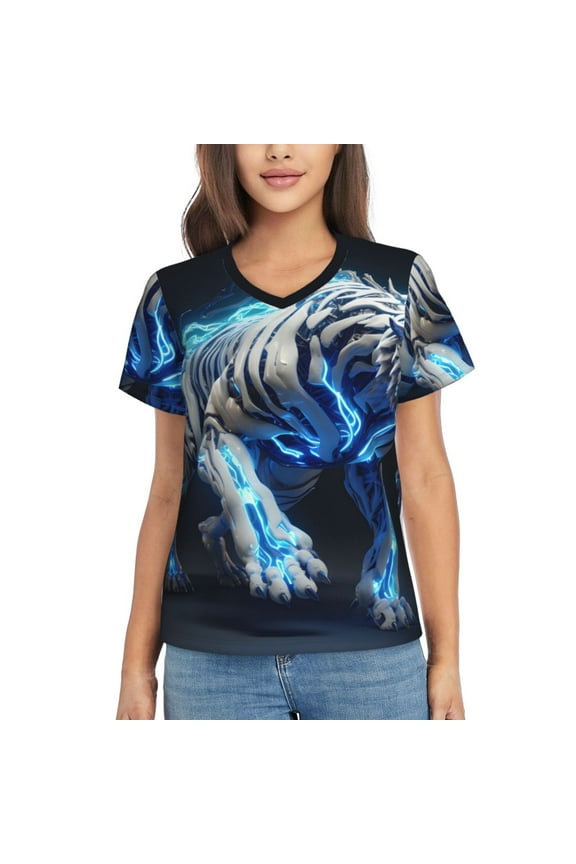 Futuristic Blue Light White Tiger Women Shirts V Neck Short Sleeve Tops T-Shirt Basic Tees, S to 3XL3X-Large