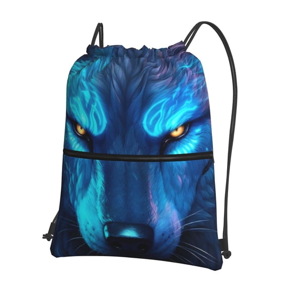 Vsdgher Futuristic Blue Light Wolf Drawstring Backpack Water Resistant String Bag Sports Sackpack Gym Sack for Men Women