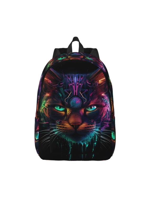 Futuristic Cat Warrior Print Canvas Backpack Travel Rucksack Unisex Knapsack 15.7/17.7Inch Laptop Backpack for Work,College -Small