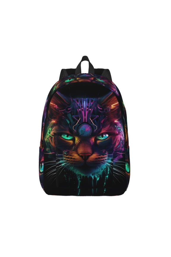 Futuristic Cat Warrior Print Canvas Backpack Travel Rucksack Unisex Knapsack 15.7/17.7Inch Laptop Backpack for Work,College -Small