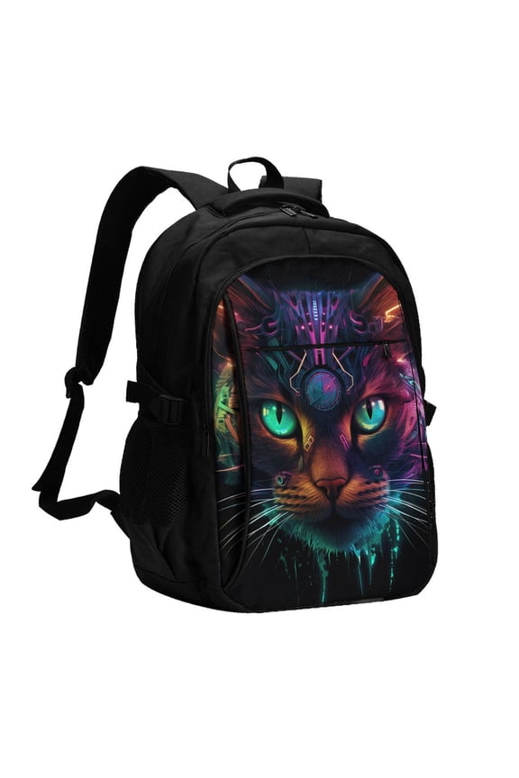 Futuristic Cat Warrior Print Travel Laptop Backpack, Laptops Backpack with USB Charging Port, Water Resistant Computer Bag Gift for Men & Women