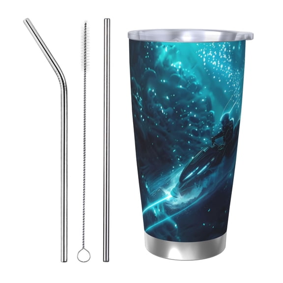 Vsdgher Futuristic Jet Ski Adventure 20 Oz Stainless Steel Vacuum Insulated, Travel Mug Coffee Cup for Home, Office, Outdoor Works Great for Ice Drinks and Hot Beverage -Straw Three-piece Set