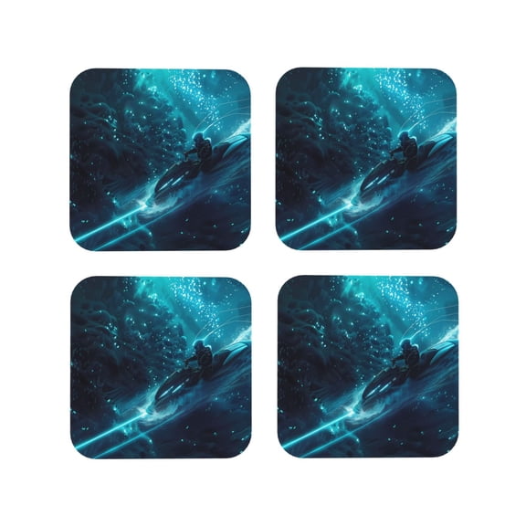 Vsdgher Futuristic Jet Ski Adventure Leather Coasters for Drinks, Durable Drink Coasters 4 Set for Tabletop Protection, Luxurious Home Décor and Housewarming Gift-Square