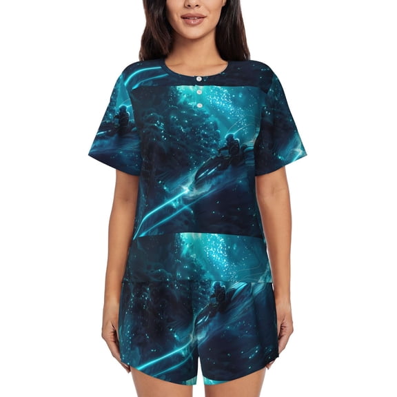 Vsdgher Futuristic Jet Ski Adventure Pattern Womens Pajamas 2 Piece Short Sleeve Sleepwear Set,Summer Soft Pajamas Set Casual Lounge Sets, 2-Piece Pj -4X-Large