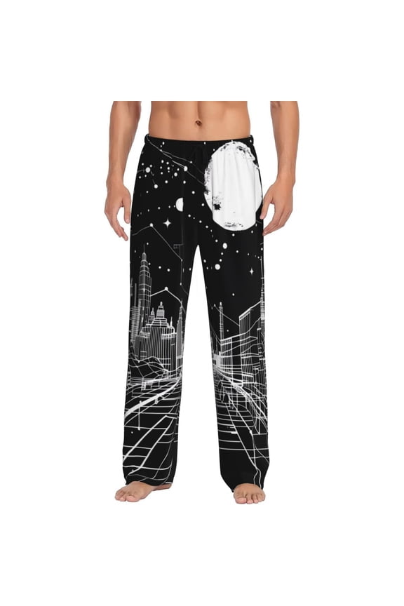 Futuristic Moonlit Cityscape Mens Pajama Pants Sleep & Lounge Pants, PJ Pants-Large