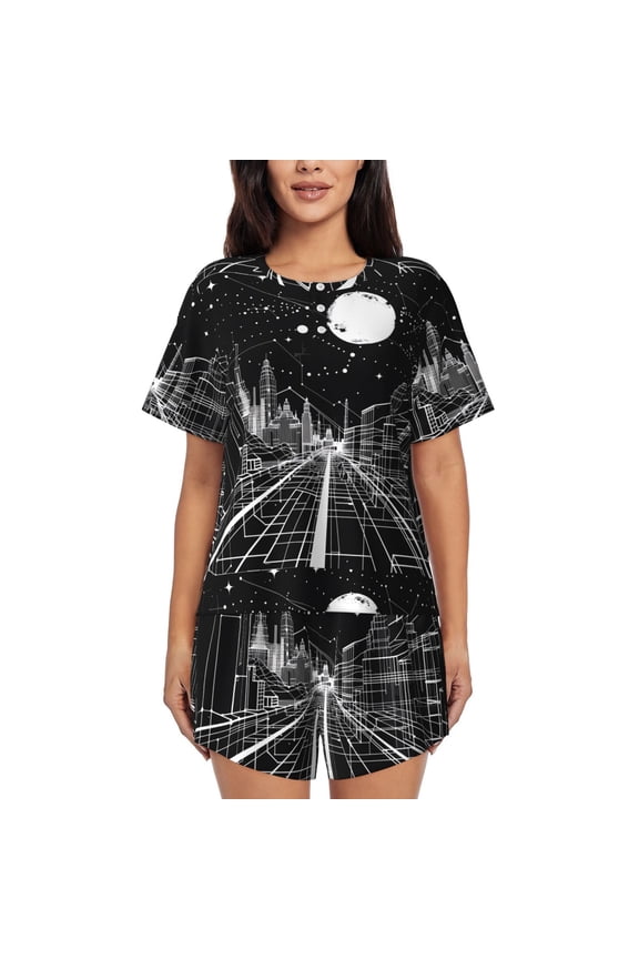 Futuristic Moonlit Cityscape Pattern Womens Pajamas 2 Piece Short Sleeve Sleepwear Set,Summer Soft Pajamas Set Casual Lounge Sets, 2-Piece Pj -Medium