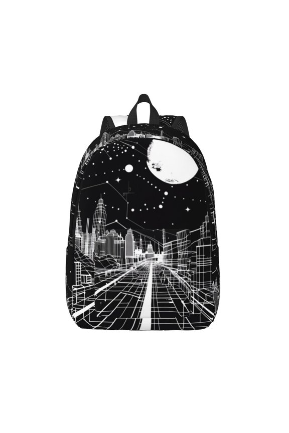 Futuristic Moonlit Cityscape Print Canvas Backpack Travel Rucksack Unisex Knapsack 15.7/17.7Inch Laptop Backpack for Work,College -Small