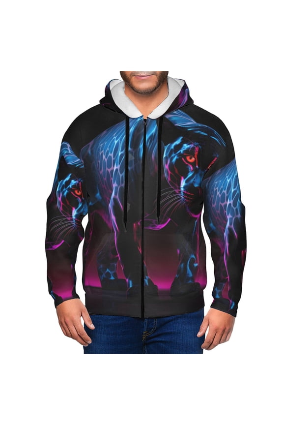 Futuristic Purple Panther Mens Hoodies Zip Hoodie, Hoodies for Men, Zip-up Hooded Sweatshirt-Large