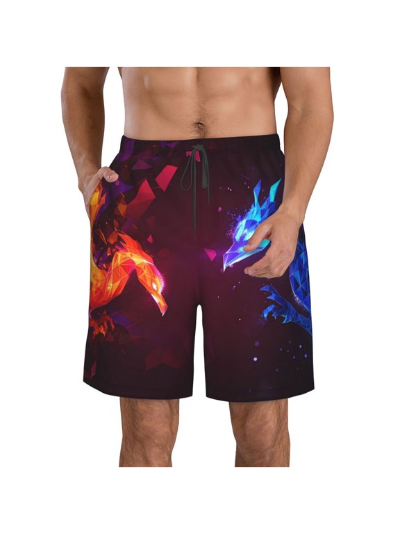 Futuristic Red And Blue Bird Men's Beach Shorts, Surfing shorts, Swim trunks, Quick Dry Swim Trunks for Surfing Beach Fun -XX-Large