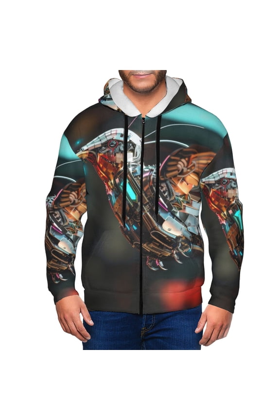 Futuristic Robot Hummingbird Mens Hoodies Zip Hoodie, Hoodies for Men, Zip-up Hooded Sweatshirt-XX-Large
