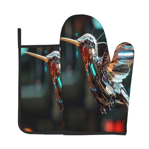 Vsdgher Futuristic Robot Hummingbird Oven Mitts and Pot Holders 2 pcs Set,High Heat Resistant Kitchen Oven Glove for Baking and Cooking