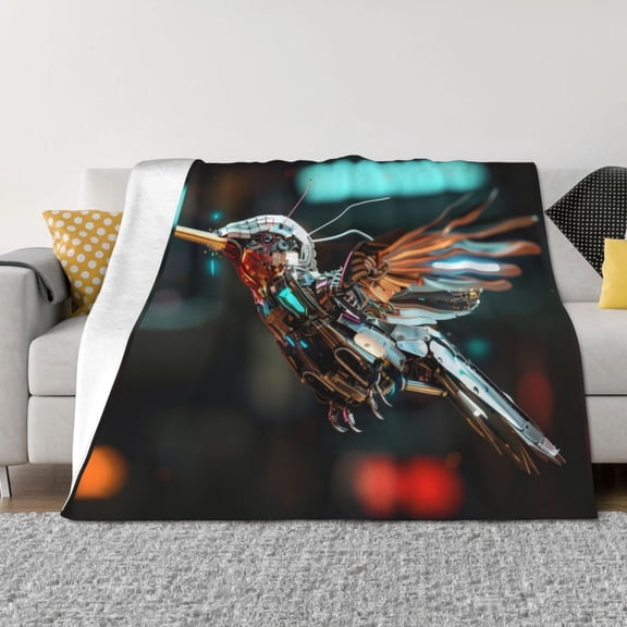 Vsdgher Futuristic Robot Hummingbird Pattern Fleece Throw Blanket, Horizontal Fleece Bedding Home Decor for Couch & Bed All Season Use -50"x40"