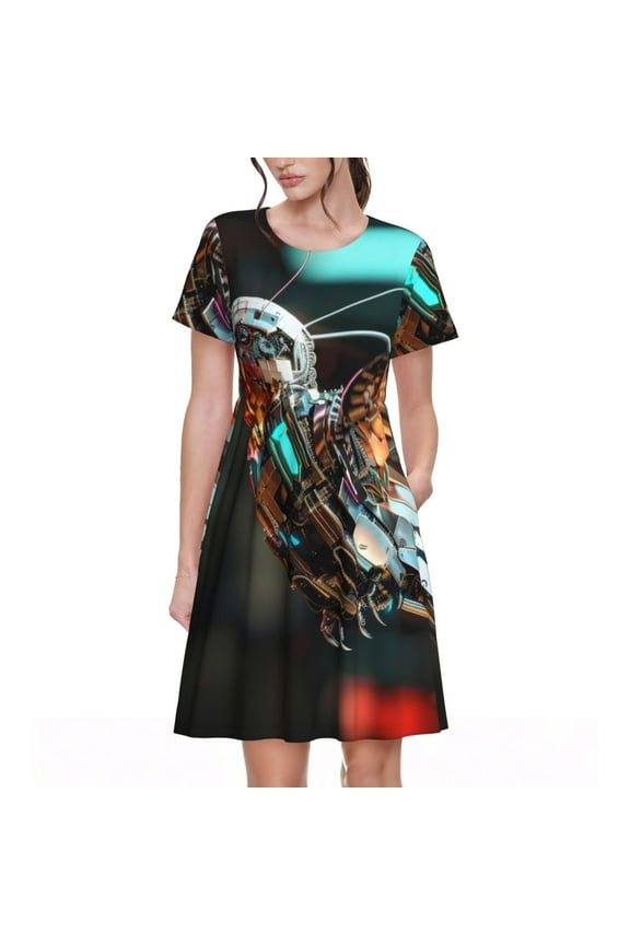 Futuristic Robot Hummingbird for Womens Summer 2025 Casual Midi Maxi Dresses Lightweight Short Sleeve Round Neck Beach Dress -Medium