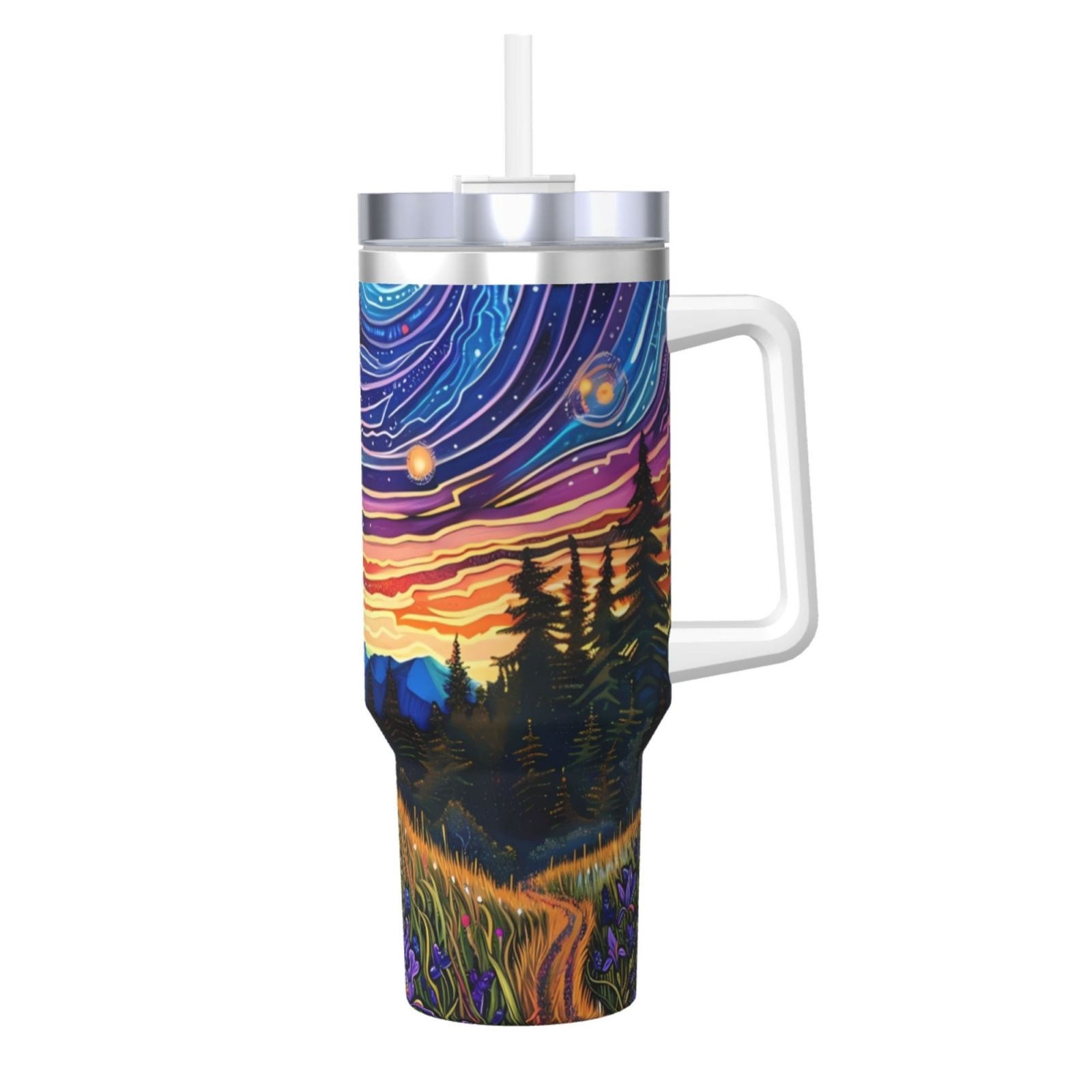 Vsdgher Galactic Night Over Meadow Pattern 40 oz Tumbler with Handle and Straw Lid | Insulated Cup Reusable Stainless Steel Water Bottle Travel Mug | Gifts for Women Men Him Her