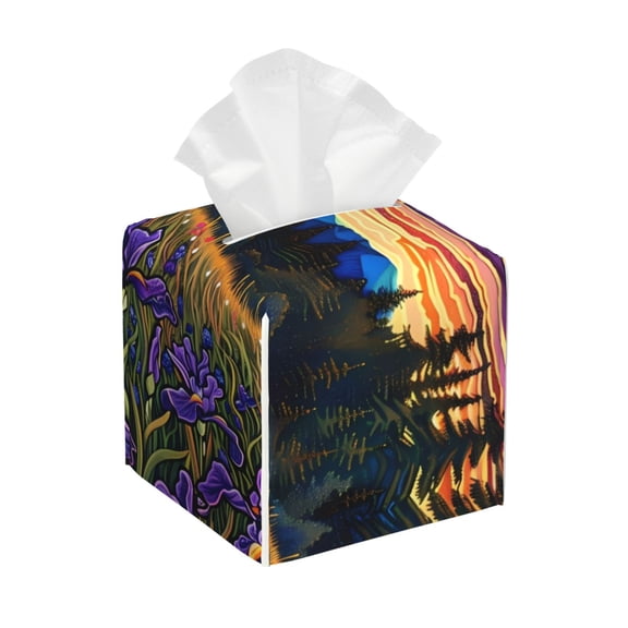 Vsdgher Galactic Night Over Meadow Pattern Tissue Box Cover Holder, Square with Bottom Belt by Leather Decorative Organizer for Tabletop, Bathroom, Car, Office