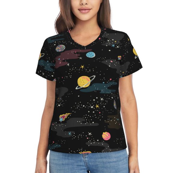 Vsdgher Galaxy Women Shirts V Neck Short Sleeve Tops T-Shirt Basic Tees, S to 3XLSmall