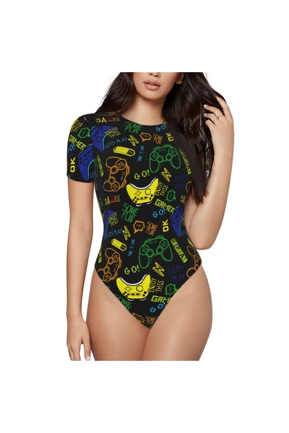 Game Play Prinr Short Sleeve Body suit for Womens, Sexy Onesie One Piece Round Neck Bodysuit Shapewear Tummy Control-Small