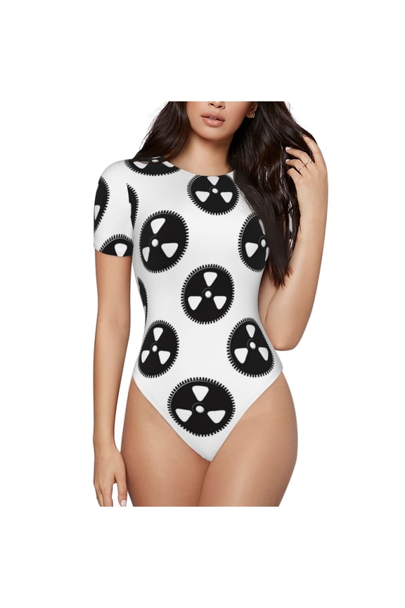 Gear Tools Prinr Short Sleeve Body suit for Womens, Sexy Onesie One Piece Round Neck Bodysuit Shapewear Tummy Control-Small