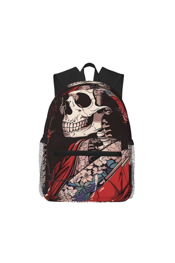 Geisha Skeleton With Flowers Unisex Large Capacity Bookbag, Schoolbag, Casual Daypack for High School, College, Teens, Travel, Work