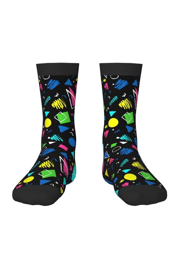 Geometric 1980s Styled Pattern Kids Socks Boys Girl Crew Athletic Half Sport Running Breathable Socks Lightweight Stretch Crew Socks