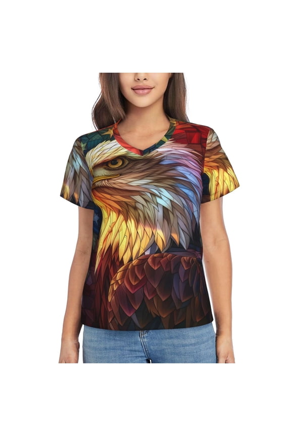 Geometric American Bald Eagle Women Shirts V Neck Short Sleeve Tops T-Shirt Basic Tees, S to 3XLMedium
