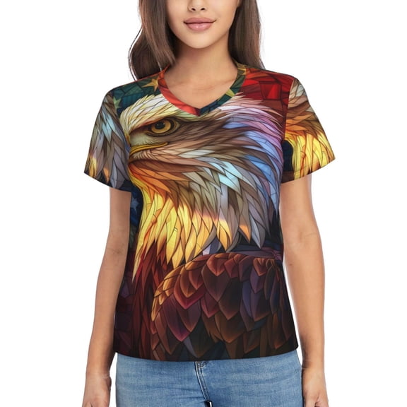 Vsdgher Geometric American Bald Eagle Women Shirts V Neck Short Sleeve Tops T-Shirt Basic Tees, S to 3XLSmall