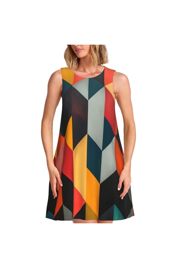 Geometric Cube Pattern Art Print Summer Dresses for Women Casual U Neck Beach Dress Sleeveless Tank Loose Sundress with Pocket -Large